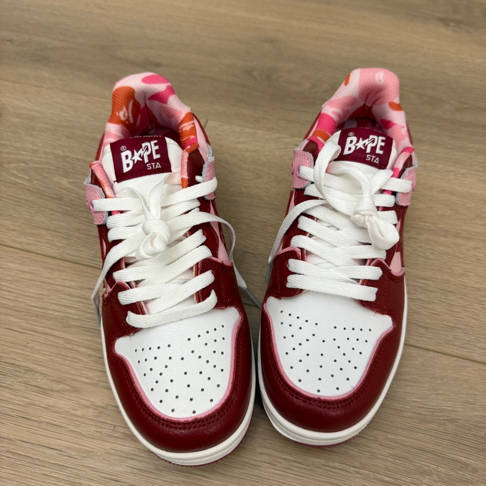 CC A Bathing Ape Bape Sta 93 Low Pink Burgundy Camo Leather Sneakers‎ M 7 W 8.5 - Picture 2 of 8